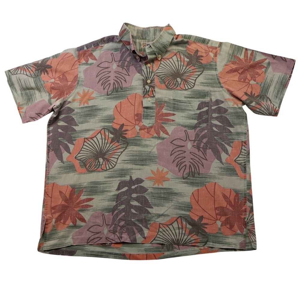 Reyn Spooner Men XL Shirt Green Orange Tropical Leaf Pullover Short Sleeve